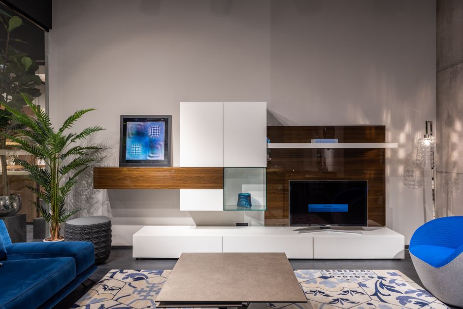 Een stijlvolle woonkamer met verschillende stijlen TV-meubels, waaronder een zwevend model en een dressoir, perfect voor elk interieur.